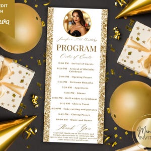 May include: A gold and white birthday program with a photo of a woman, surrounded by party decorations. The program includes the text "Jennifer's 40th Birthday Program" and a schedule of events. The words "Self-Edit with Canva" are in the upper left corner.