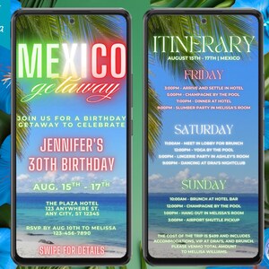 Digital Mexico Getaway Tropical Birthday Trip Invitation, 3 Day Travel Itinerary, Phone Evite, Editable Template, Instant Download, TB12