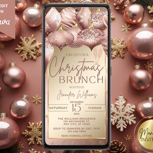 Digital Elegant Women&#39;s Christmas Brunch Holiday Party Invitation, Pink Rose Gold Ornaments, Text Evite, Editable Template, Instant Download