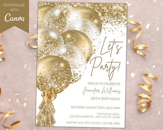 Editable White Gold Glitter Birthday Invitation Printable - Etsy Canada
