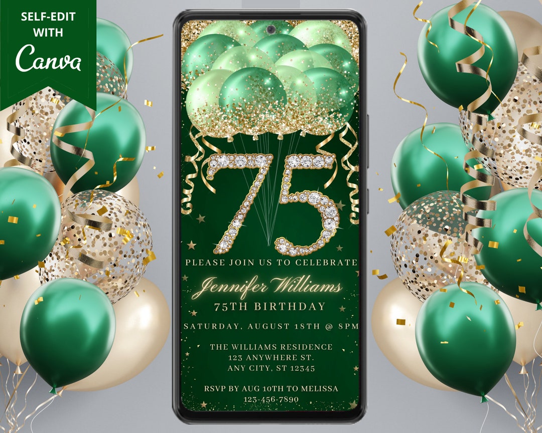 75th Text Digital 75th Birthday Party Green Gold Diamond Glitter Balloons ...