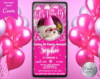 Digital Let's Pawty Girl Dog Birthday Party Photo Invitation, Pink Silver, Puppy Party, Text Evite, Editable Template, Instant Download