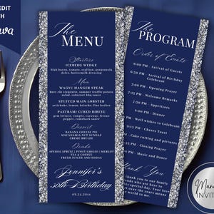 Plantilla editable de menú y programa de cumpleaños con purpurina azul plateada elegante, orden de eventos, tarjeta de agradecimiento, imprimible, descarga instantánea.