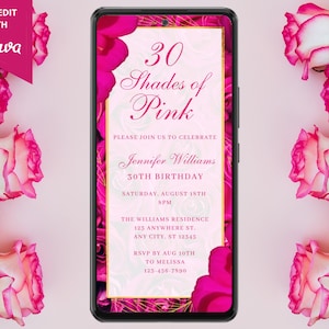 Digital Any Age Shades of Pink Birthday Party Invitation, Electronic Phone Text Evite, Hot Pink Floral, Self-Edit Template, Instant Download