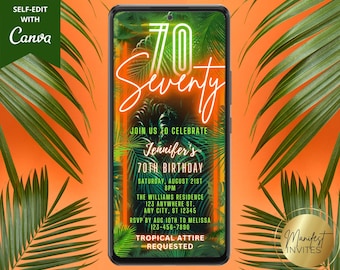 Può includere: Uno smartphone mostra un invito a tema tropicale per il 70° compleanno. Il design presenta foglie di palma, la parola "Seventy" in verde neon e i dettagli dell'evento. Lo sfondo è arancione, con fronde di palma che incorniciano il telefono. L'invito è di Manifest Invites.