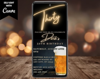 Elektronische mannen dertig 30e bier verjaardagsfeestje uitnodiging, digitale mobiele telefoon tekst e-mail Evite, bewerkbare sjabloon, Instant Download