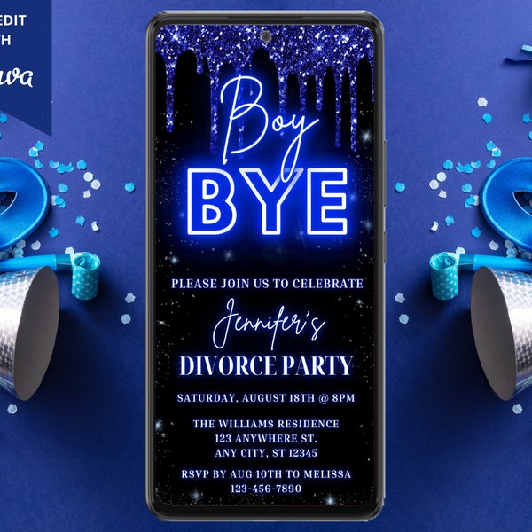 Electronic Divorce Party Invitation, Digital Phone Text Message Evite, Boy Bye, Blue Glitter Drip, Editable Template, Instant Download