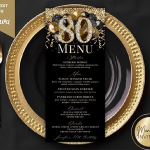 May include: A black menu card with gold accents, featuring the number "80" in gold glitter, is displayed on a black plate with a gold rim. The menu lists starters, main courses, desserts, and drinks. The text "Self-Edit with Canva" is in the upper left corner.