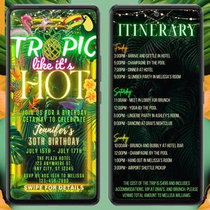 Digital Tropical Birthday Weekend Itinerary Invitation, Destination Vacation Getaway, Electronic Evite, Editable Template, Instant Download