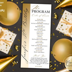 Pode incluir: Um programa de aniversário com um design dourado e branco. O programa lista a ordem dos eventos para uma celebração de 30 anos, incluindo horários de chegada, jantar e música. Confetes dourados e chapéus de festa circundam o programa.