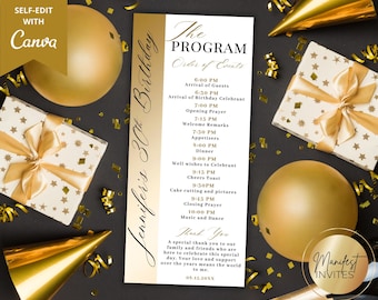Editable White Gold Birthday Program with Thank You Card, Elegant Birthday Party Itinerary, Order of Events, Printable Canva Template