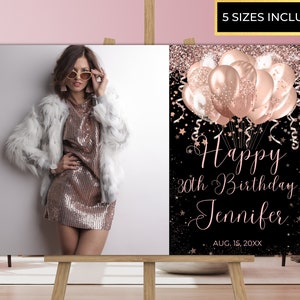 Plantilla de foto editable Globos de oro rosa rosa Feliz cumpleaños Signo de bienvenida, Cartel de fiesta imprimible, Plantilla editable, Descarga instantánea