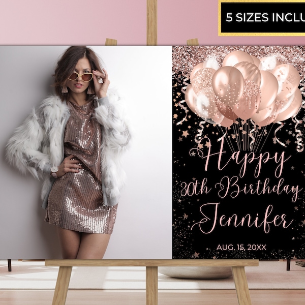 Editable Photo Template Pink Rose Gold Balloons Happy Birthday Welcome Sign, Printable Party Poster, Editable Template, Instant Download