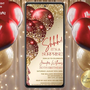 Digital Elegant Surprise Birthday Party Invitation, Red Gold Glam Glitter Balloons, Phone Text Evite, Editable Template, Instant Download
