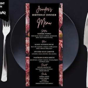 Bewerkbare roze blos bloemen dinermenu verjaardagskaart, afdrukbare menukaart verjaardagsdiner en drankje, bewerkbare sjabloon, direct downloaden