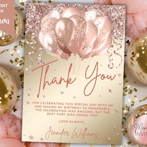Puede incluir: Una tarjeta de agradecimiento de cumpleaños en oro rosa y dorado, con un grupo de globos, confeti y las palabras "Thank You" en una fuente de escritura. La tarjeta incluye un mensaje y una firma.