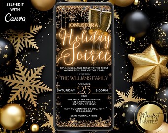 Digital Elegante Urlaub Soiree Weihnachten Cocktail Party Einladung, schwarz Gold Schneeflocken, Telefon Evite, bearbeitbare Vorlage, Sofort Download