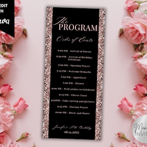 Modèle de carte modifiable de programme d'événement d'anniversaire de paillettes d'or rose, ordre du jour d'itinéraire de dîner d'anniversaire, programme de table, téléchargement immédiat