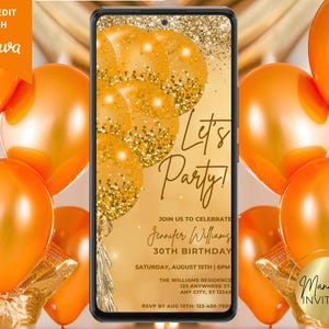 Digital Let&#39;s Party Orange Gold Glitter Balloons Birthday Party Invitation, Electronic Phone Evite, Editable Template, Instant Download