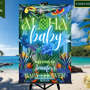 Editable Aloha Baby Tropical Boy Baby Shower Welcome Sign Template, Blue Neon, Hawaiian Beach Luau, Printable Poster Sign, Instant Download