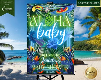 Editable Aloha Baby Tropical Boy Baby Shower Welcome Sign Template, Blue Neon, Hawaiian Beach Luau, Printable Poster Sign, Instant Download