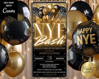 May include: A digital New Year's Eve party invitation displayed on a smartphone screen, featuring black and gold balloons, the text NYE BASH, JOIN US TO RING IN THE NEW YEAR, JENNIFER & DEREK, TUESDAY 31 DECEMBER 8:00PM, and placeholder address details.