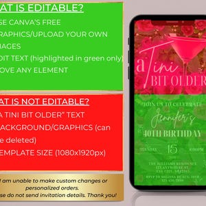 May include: A digital invitation for a 40th birthday party with a pink cocktail glass and floral background. The text reads "A Tini Bit Older" and "Join us to celebrate Jennifer's 40th Birthday".
