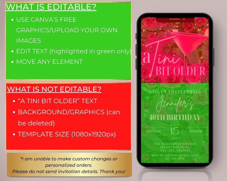 May include: A digital invitation for a 40th birthday party with a pink cocktail glass and floral background. The text reads "A Tini Bit Older" and "Join us to celebrate Jennifer's 40th Birthday".