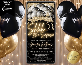 Digital Shhh It&#39;s a Surprise Birthday Party Black Gold Balloons Invitation, Electronic Phone Text Evite, Editable Template, Instant Download
