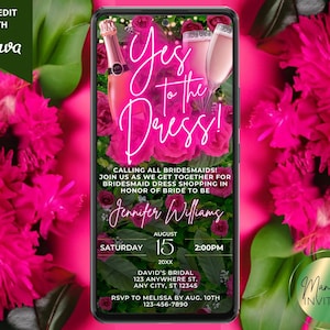 デジタル「Yes to The Dress」ショッピング招待状、ブライズメイドプロム誕生日、電話招待状、ピンクネオングリーン、編集可能なテンプレート、即時ダウンロード