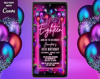 Cyfrowe 18. Osiemnaście różowych neonowych balonów zaproszenie na przyjęcie urodzinowe, elektroniczne zaproszenie tekstowe na telefon, edytowalny szablon, natychmiastowe pobranie, PNB4