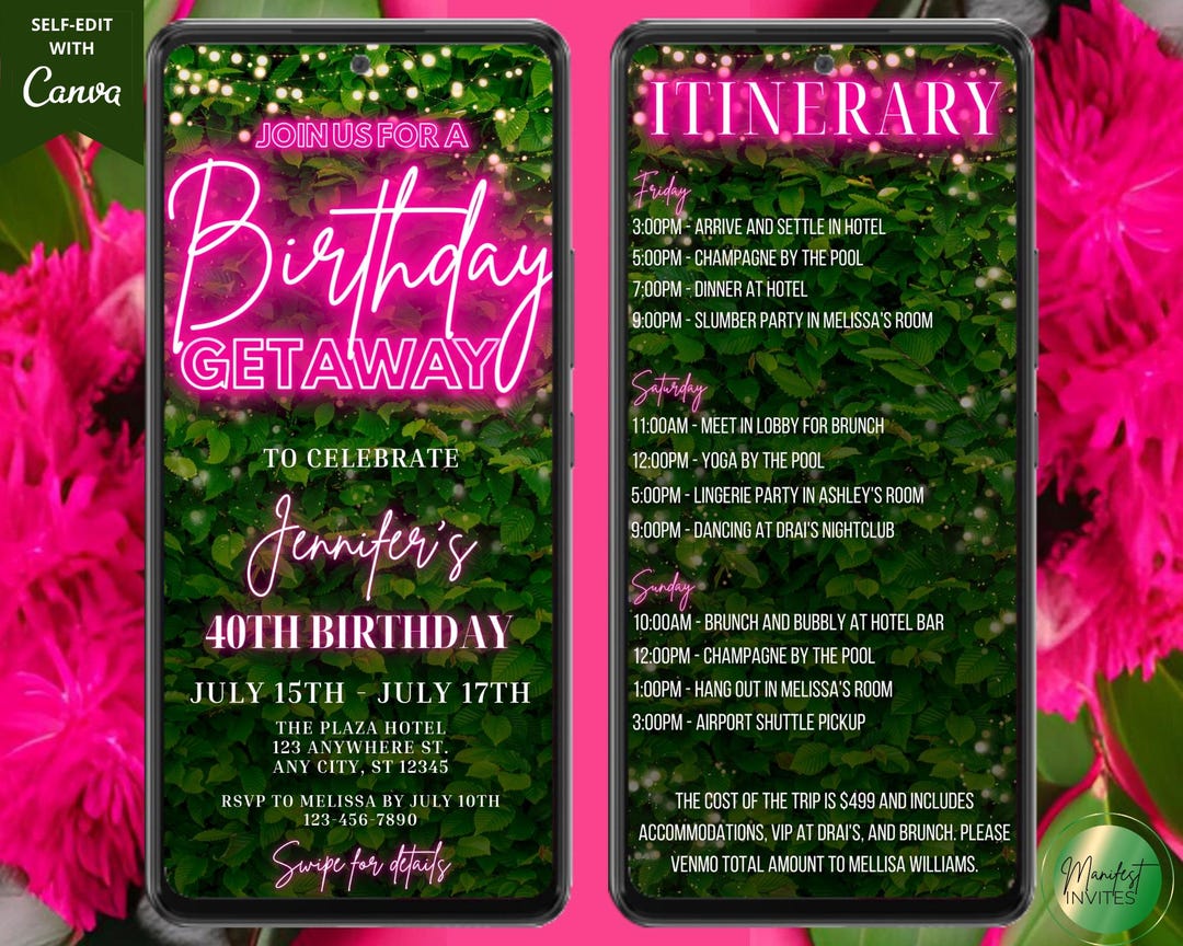 Digital Birthday Getaway Weekend Pink Neon Greenery Itinerary Schedule ...