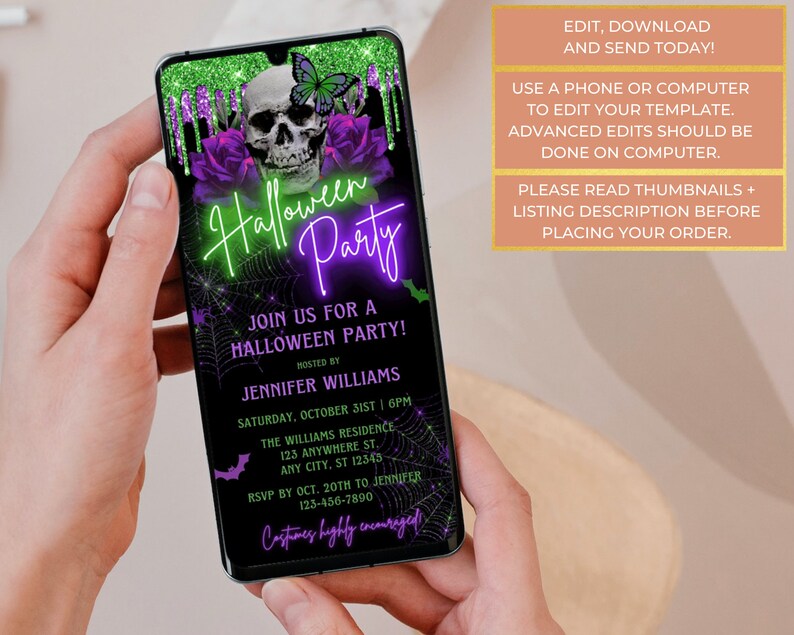 Digital Halloween Party Invitation Electronic Halloween Text Etsy