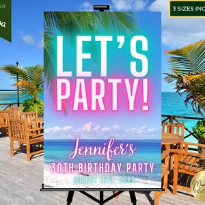 Editable Let&#39;s Party Tropical Summer Beach Hawaiian Luau Birthday Welcome Sign, Any Occasion, Editable Template, Instant Download, TB12