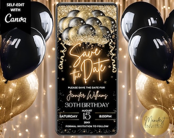 Invitación digital con globos dorados y negros neón para guardar la fecha, fiesta glamurosa, cumpleaños, graduación, texto de Evite, plantilla editable, descarga instantánea