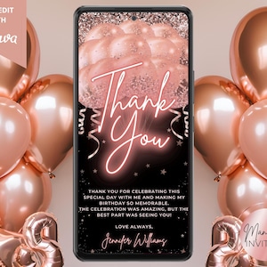Balões digitais de glitter dourados rosa neon, convite glamouroso de agradecimento, formatura de aniversário, modelo editável, texto para evitar, download instantâneo
