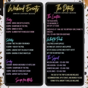 Electronic Birthday Weekend Itinerary and Details Invite, Digital Trip Schedule Evite, Colorful Neon, Self-Edit Template, Instant Download