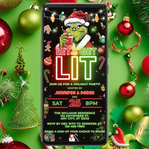 Digital Adult Let&#39;s Get Lit Christmas Party Invitation, Festive Grinch Friendsmas Holiday Party, Evite, Editable Template, Instant Download