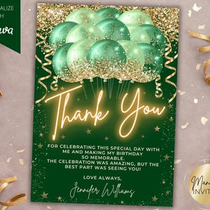 Editable Green Gold Glitter Balloons Thank You Card Template, Printable Thank You Greeting, Birthday Graduation, Canva, Instant Download