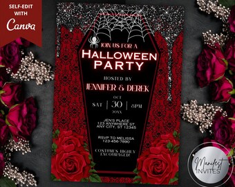 Editable Adult Gothic Floral Coffin Halloween Party Invitation Template, Printable Card, Costume Party, Canva Template, Instant Download