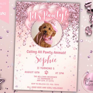 Convite de aniversário de cachorro Let's Pawty Girl editável com foto glamorosa, balões de glitter rosa, festa de filhotes, cartão para impressão, download instantâneo