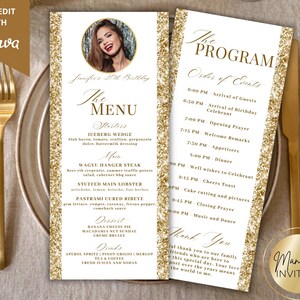 Plantilla editable y elegante de menú y programa en blanco y dorado, nota de agradecimiento, menú de evento imprimible y tarjeta de bebida, descarga instantánea.