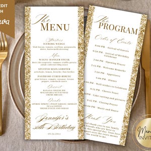 Modelo de cartão de programa e menu elegante editável com glitter branco dourado, programa de menu de aniversário, ordem de eventos, cartão de agradecimento, download instantâneo