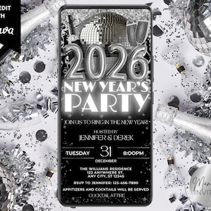 Invito digitale glamour per la festa di Capodanno 2026, palla da discoteca nera e argento, champagne, invito telefonico, modello Canva modificabile, download immediato