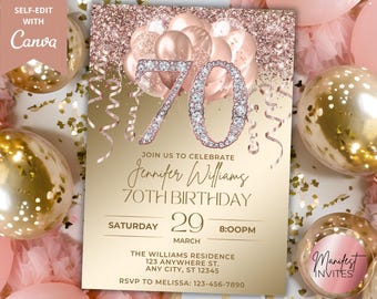 May include: A gold and rose gold 70th birthday invitation with balloons and confetti. The invitation includes the text "Join us to celebrate Jennifer Williams 70th Birthday" and event details. The invitation is self-editable with Canva.