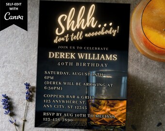 Invitación de whisky para fiesta de cumpleaños sorpresa para hombres imprimible, invitación de folleto de cumpleaños imprimible, Shhh, plantilla editable, descarga instantánea WM42