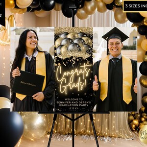 Editable Congrats Grads Double Graduation Party Photo Welcome Sign Template, Black Gold Balloons, 2 Person, Party Decor, Instant Download