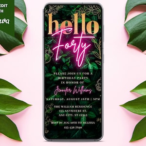 Digital Hello Forty 40th Birthday Invitation, Electronic Birthday Party Invite, Pink Neon Gold Greenery, Editable Template, Instant Download