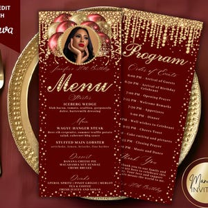 May include: A burgundy menu and program card set with gold detailing. The menu features a photo of a woman and a list of dishes. The program lists the order of events. The text "Self-Edit with Canva" is visible.