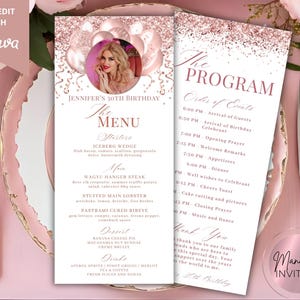 May include: A rose gold menu and program card set for a 30th birthday celebration. The menu includes starters, main courses, desserts, and drinks. The program lists the order of events, including dinner and music.